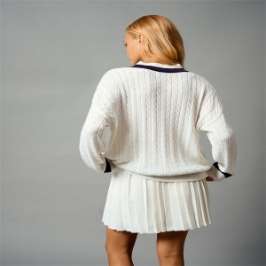 Women knit sets wool blend yarn knitted cable blouse and pleated skirt