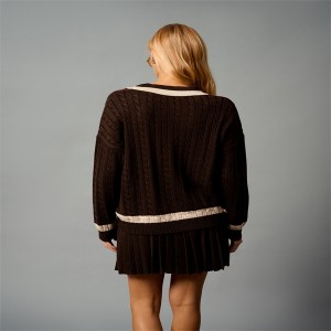 Women knit sets wool blend yarn knitted cable blouse and pleated skirt