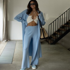 women acrylic cotton knitted long sleeves oversize long cardigan and basic top and pants 3 pieces sets