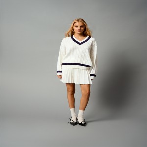 Women knit sets wool blend yarn knitted cable blouse and pleated skirt